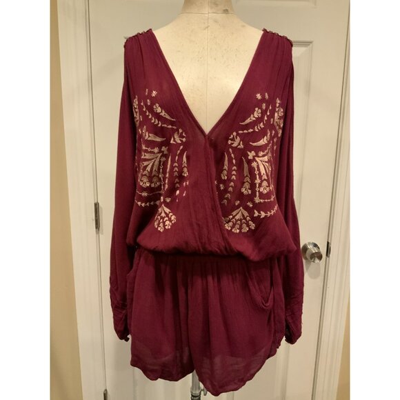 Free People Maroon Long Cold Shoulder Romper W/ Shorts & Tan Embroidery, Size S - Picture 1 of 9